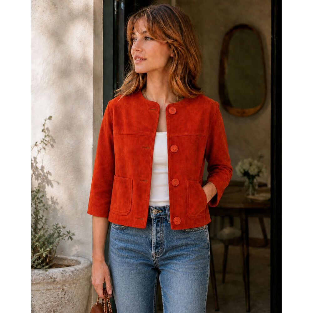 Vintage 60s Orange Suede Jacket, 3/4 Sleeve, Mod Statement Coat, Travel Smith L